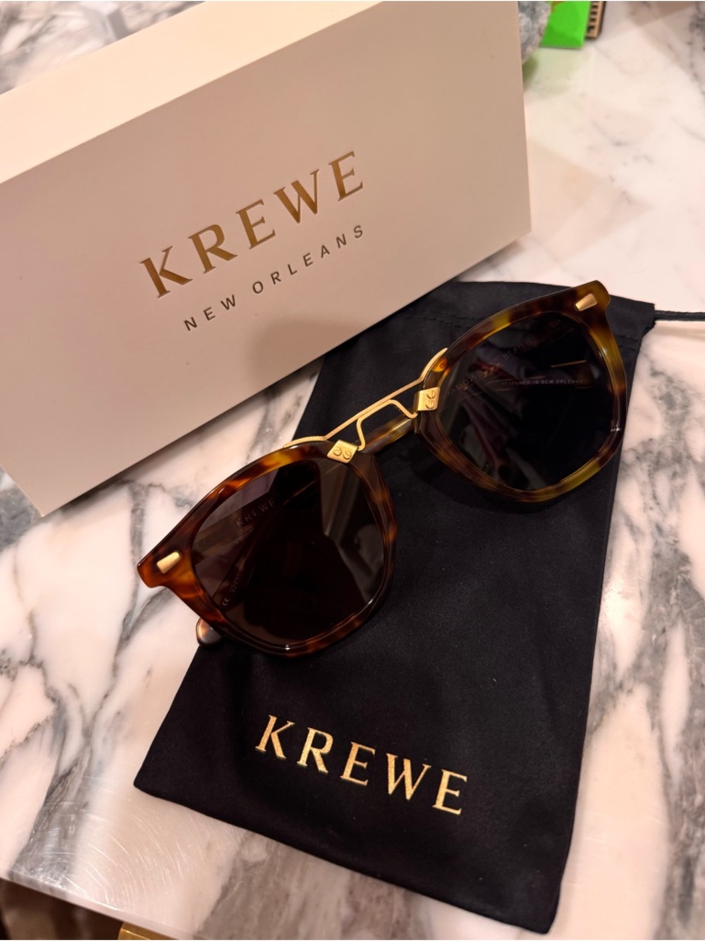 KREWE Kyoto Tortoise Sunglasses with Gold Bridge and Dark Lenses